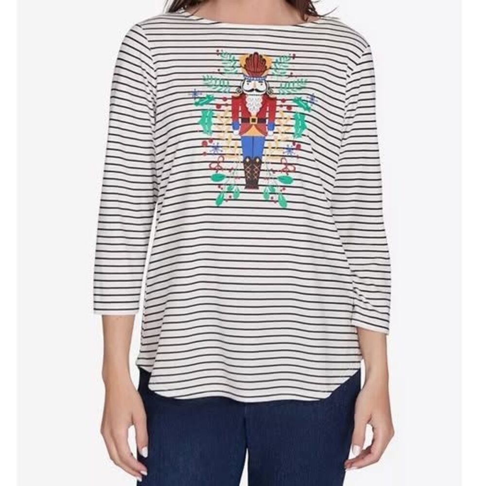 Ruby Rd Women's Striped Top with Nutcracker Graphic New w Tags L